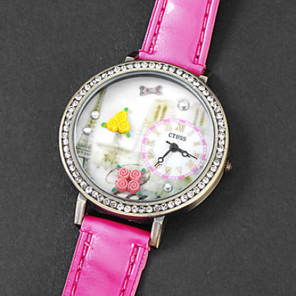 3D женщин цветка Pattern Diamante набора PU Группа Кварцевые аналоговые наручные часы (разных цветов)