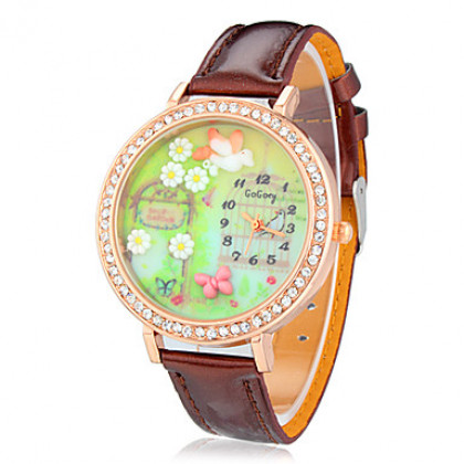 3D Женские Бабочка Diamante Круглый циферблат PU Группа Кварцевые аналоговые наручные часы
