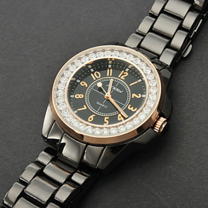 Алмазный пары золота стали аналоговые кварцевые наручные часы (черный)