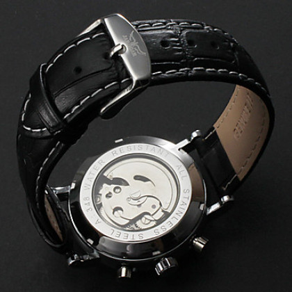 Аналоговые механические наручные часы унисекс с календарем и ремешком из кожзама (черные)