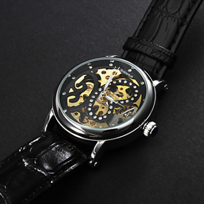 Бабочка Женские Pattern PU серебряный циферблат аналогового Авто-механические наручные часы (черный)