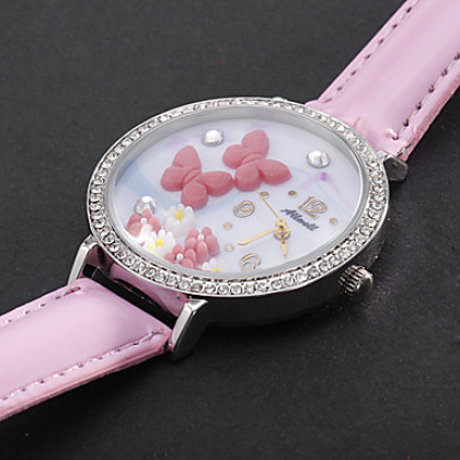 Бабочка Женский стиль PU кварцевые аналоговые наручные часы (розовый)