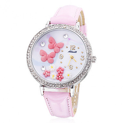 Бабочка Женский стиль PU кварцевые аналоговые наручные часы (розовый)