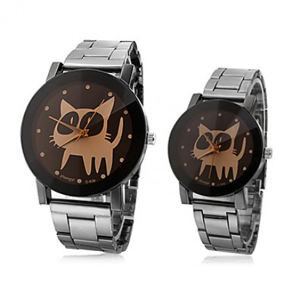 Cat Pattern пары стали аналоговые кварцевые наручные часы (разные цвета Dial)
