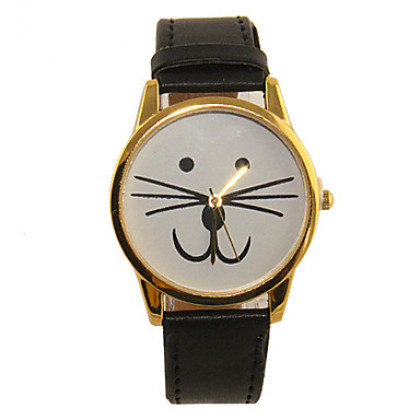 Cat Женские лицом дизайн Casual Band PU Аналоговые кварцевые наручные часы (черный)