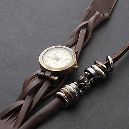 Череп Женский стиль кожаный Аналоговые кварцевые часы браслет (коричневый)