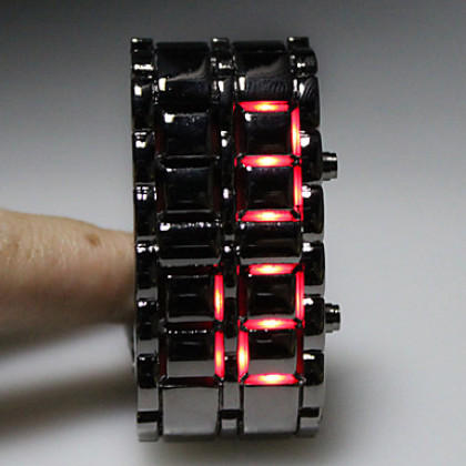 Черные спортивные металлические часы с красными LED цифрами (без выраженного циферблата)