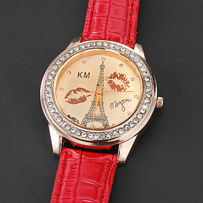 Diamante Женские губы и печати башня шаблон набора PU Группа Кварцевые аналоговые наручные часы (разных цветов)