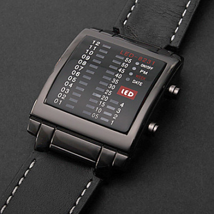 Календарь мужские светодиодный цифровой черный циферблат черный Кожаный ремешок наручные часы
