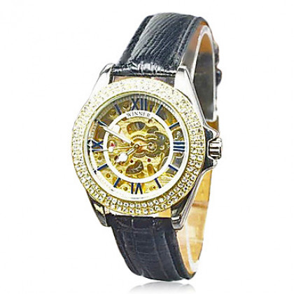 Мода Женщины Механические часы-скелетоны Авто кристалл алмаза часы наручные часы Рождественский подарок