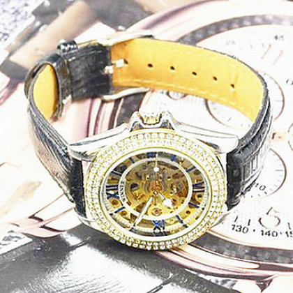 Мода Женщины Механические часы-скелетоны Авто кристалл алмаза часы наручные часы Рождественский подарок