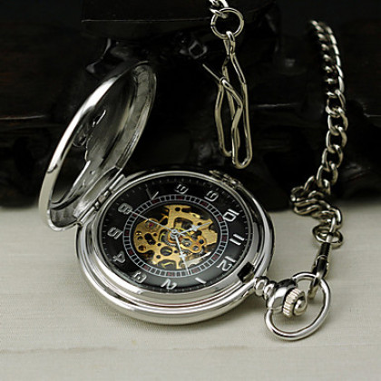 Мужчин полумеханических Серебряный Феникс сплава Дело Черный циферблат карманные часы