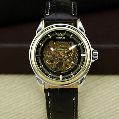 Мужчины авто-механический серебро с золотом Белый Коричневый Черный циферблат черный ПУ наручные часы Группа