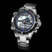 Мужская аналого-цифрового многофункционального черный циферблат серебряный стальной ленты наручные часы (разных цветов)