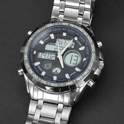 Мужская аналого-цифровой многофункциональный Круглый циферблат Стальной браслет кварцевые аналоговые наручные часы (разных цветов)