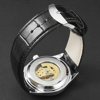 Мужская Автоматическая механические с автоподзаводом полые гравировка белый циферблат PU Группа аналоговые наручные часы (черный)