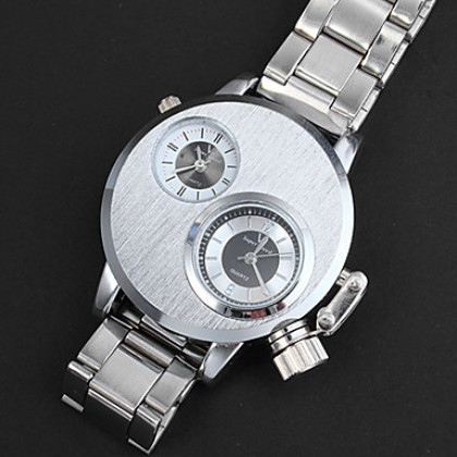 Мужская двойной часовой пояс Круглый циферблат Стальной браслет кварцевые аналоговые наручные часы