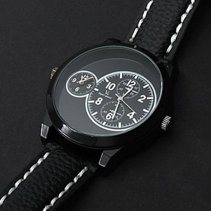Мужская Multi-Движение Кварцевые аналоговые Black Steel Циферблат черный PU группы наручные часы (2 часовых поясов, Черный)