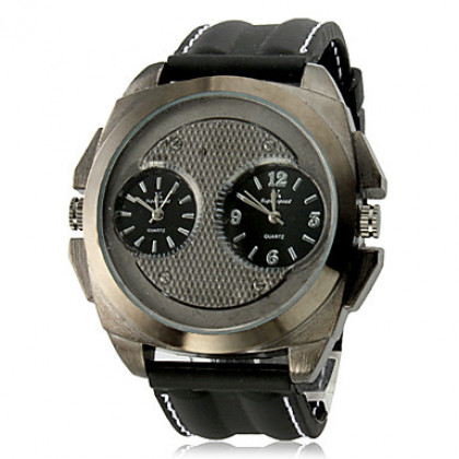 Мужская Multi-Движение Кварцевые аналоговые металл Циферблат черный силиконовой лентой наручные часы (2 часовых поясов, Черный)