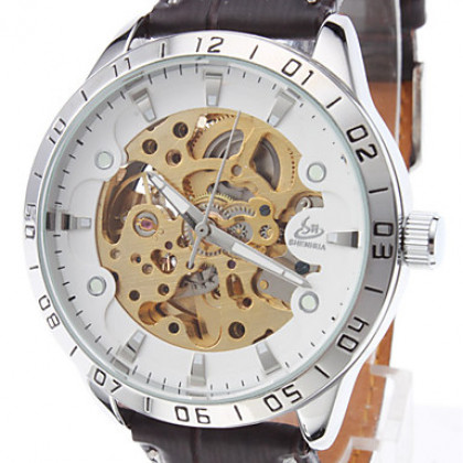 Мужская полые гравировка стиль пу аналоговые механические наручные часы (коричневый)