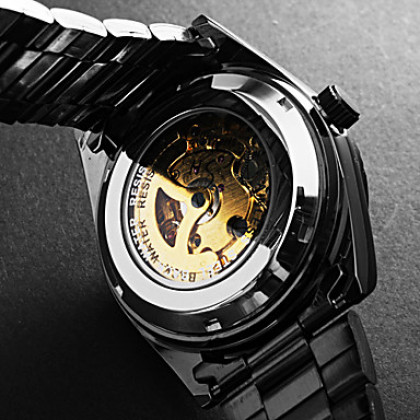Мужская римского стиля Числа стали аналоговые Авто-механические наручные часы (черные полосы)