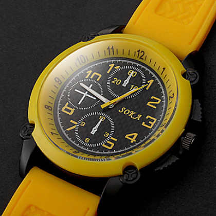 Мужская Желтый масштабе и тремя декоративными Циферблат силиконовой лентой Кварцевый Спортивные часы