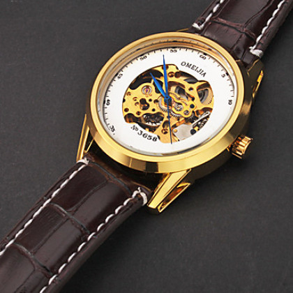 Мужская золота полые набора PU Аналоговый Авто-механические наручные часы (Brown Band)