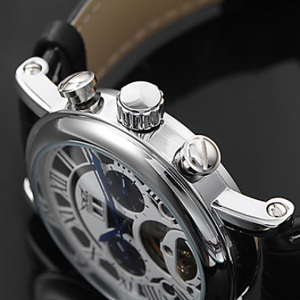 Мужские аналоговые авто-механические наручные часы с римскими цифрами и ремешком из кожзама (разные цвета)