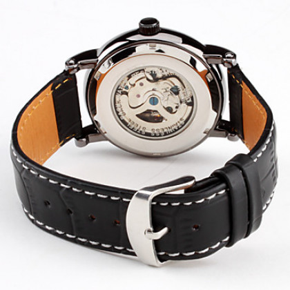Мужские аналоговые автоматические механические наручные часы с ремешком из кожзама (черные)