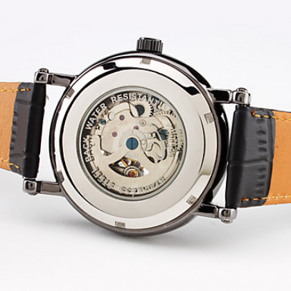 Мужские аналоговые автоматические механические наручные часы с ремешком из кожзама (черные)