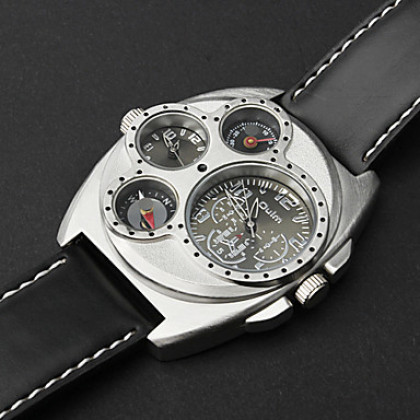 Мужские аналоговые кварцевые мультиходовые наручные часы с функцией компаса и термометра и ремешком из кожзама (2 временных зоны)
