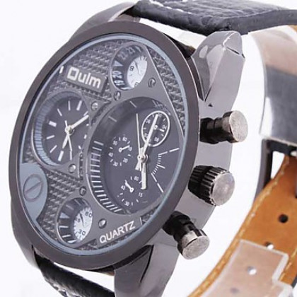 Мужские аналоговые кварцевые наручные часы с ремешком из кожзама (2 Часовых Зоны, чёрные)