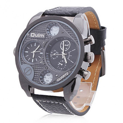 Мужские аналоговые кварцевые наручные часы с ремешком из кожзама (2 Часовых Зоны, чёрные)