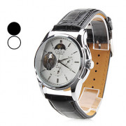 Мужские аналоговые механические наручные часы с функцией фаз луны и ремешком из кожзама (черные)