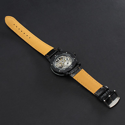 Мужские аналоговые механические наручные часы с ремешком из кожзама (черные)