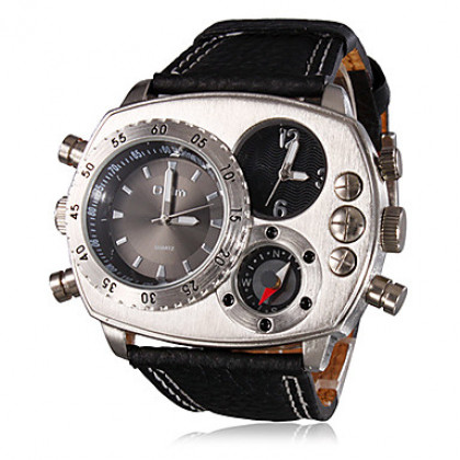 Мужские аналоговые мультиходовые кварцевые наручные часы с ремешком из кожзама (2 временных зоны, черные)
