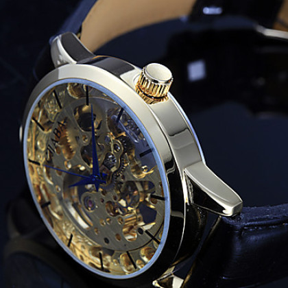 Мужские аналоговые полуавтоматические механические наручные часы &quot;под золото&quot; (черный ремешок)