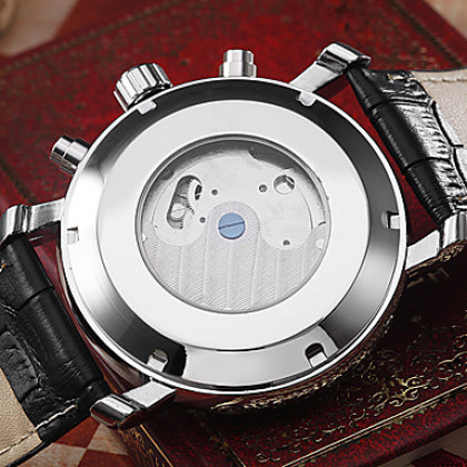 Мужские автоматический турбийон механических серебристый корпус черный PU Группа аналоговые наручные часы (разные цвета диска)