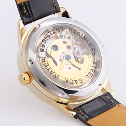 Мужские казуальные аналоговые механические часы с ремешком из кожзама (под золото)