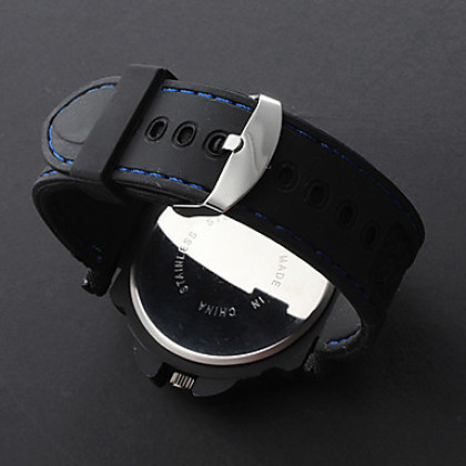 Мужские кварцевые аналоговые Blue Dial Спорт наручные часы черный силиконовой лентой