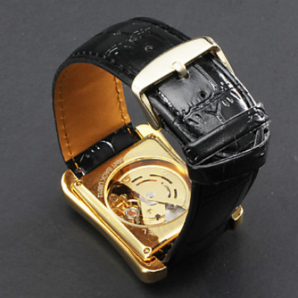 Мужские механические аналоговые наручные часы с ремешком из кожзама (черные)