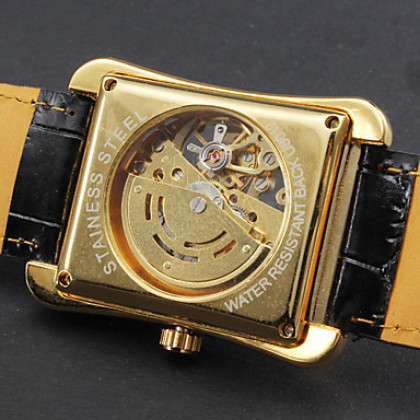 Мужские механические аналоговые наручные часы с ремешком из кожзама (черные)