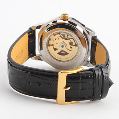 Мужские механические наручные часы с гравировкой на черном ремешке из искусственной кожи