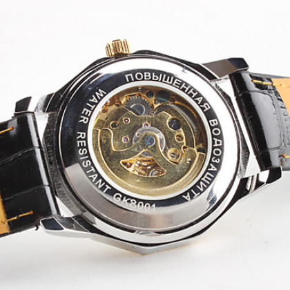 Мужские механические наручные часы с гравировкой на черном ремешке из искусственной кожи