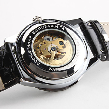 мужские пу аналоговые механические наручные часы полые гравировка (черный)