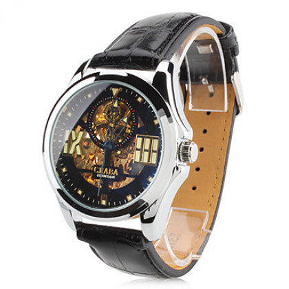 мужские пу аналоговые механические наручные часы с гравировкой полые (черный)