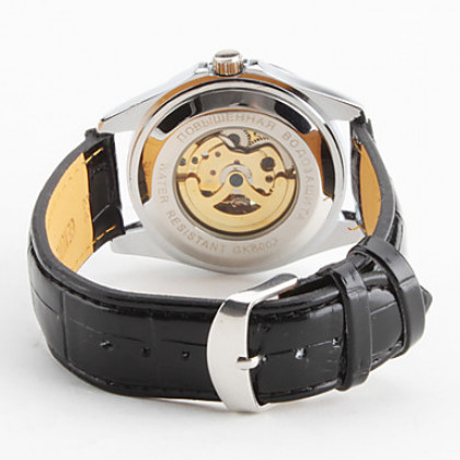 мужские пу аналоговые механические наручные часы с гравировкой полые (черный)
