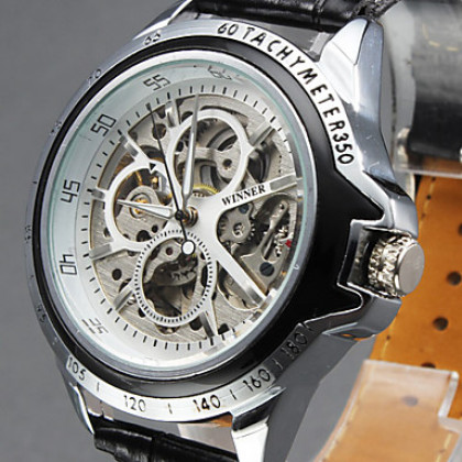 мужские пу аналоговые механические платье стиля наручные часы (черный)
