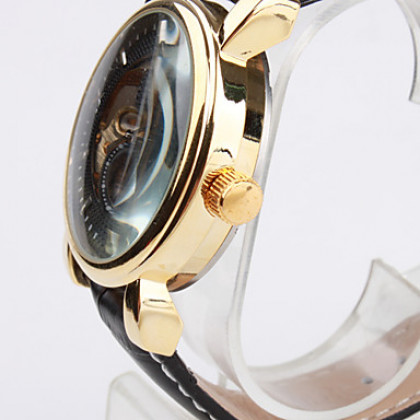 мужские золотые набор Кожа PU стиле механический аналог наручные часы (черный)