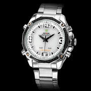 Мужской стиль роскоши стали цифро-аналоговые кварцевые LED-Multi-движения наручные часы (2 часовых поясов, серебро)